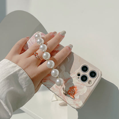 Coque et skin iPhone en cuir avec bracelet en perles florales de peinture à l'huile mignonne