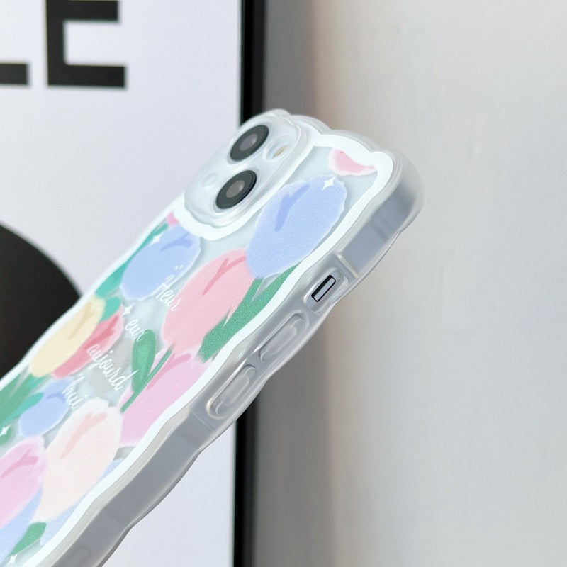 Colored Flowers Wave Frame Silicone Transparent Compatible with iPhone Case