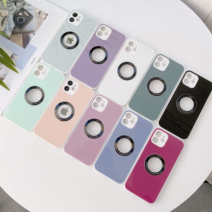 Coque pour iPhone en forme de fenêtre en verre de couleur bonbon (gris lavande, rose, rouge, cyan clair, violet clair