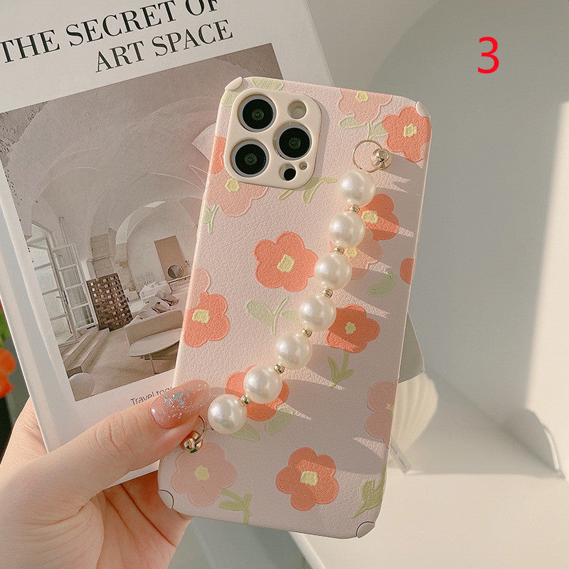 Cute Oil Painting Floral Pearl Bracelet Leather iPhone Case