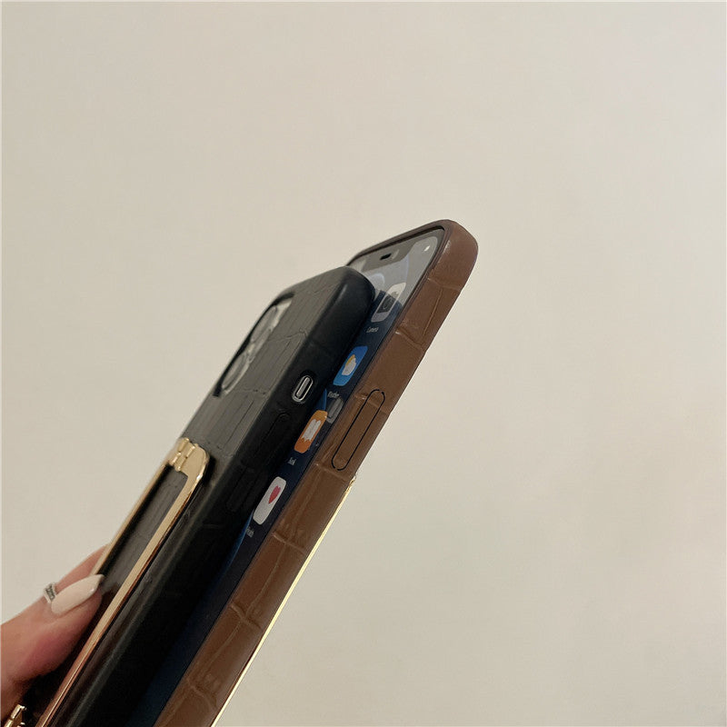 Funda de iPhone con patrón de cocodrilo y hebilla cuadrada de Metal original, funda trasera con soporte para pulsera