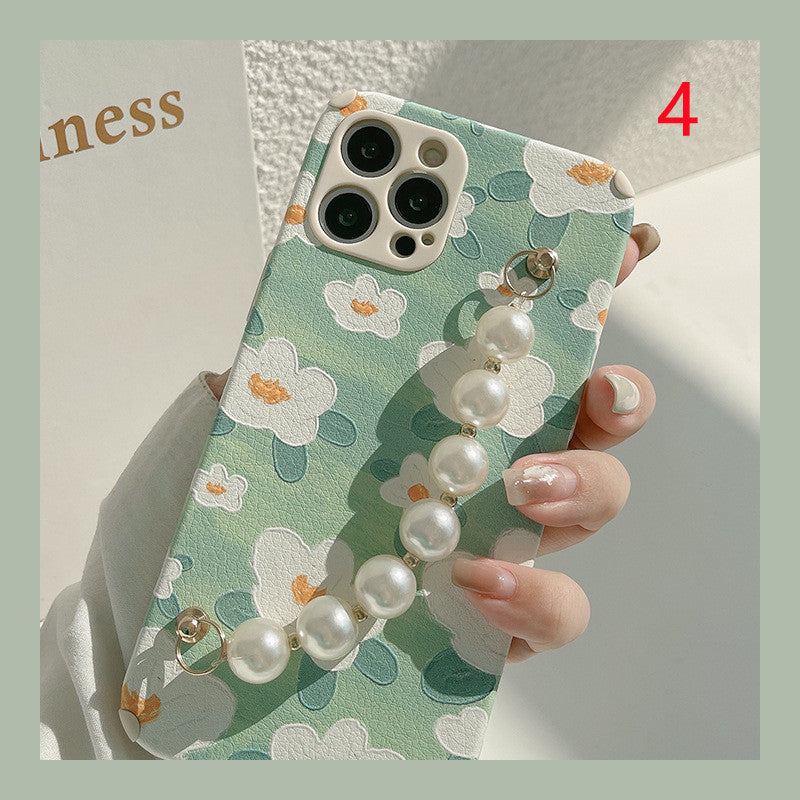 Cute Oil Painting Floral Pearl Bracelet Leather iPhone Case