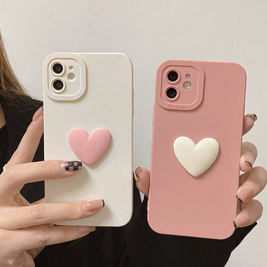 Solid Color 3D Love Heart Couple iPhone Case