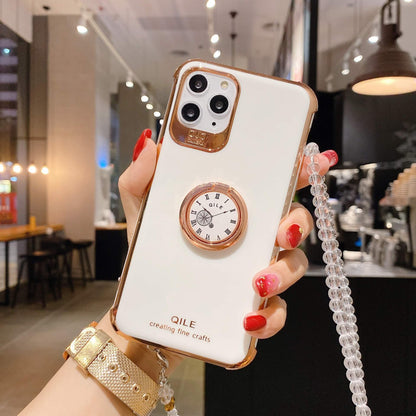 Mode Placage Horloge Anneau Support iPhone Cas Couverture Arrière Gris Orange Blanc