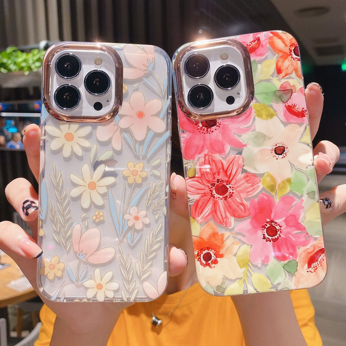 Cadre de lentille de galvanoplastie de fleurs peintes transparentes clair Coque et skin adhésive iPhone