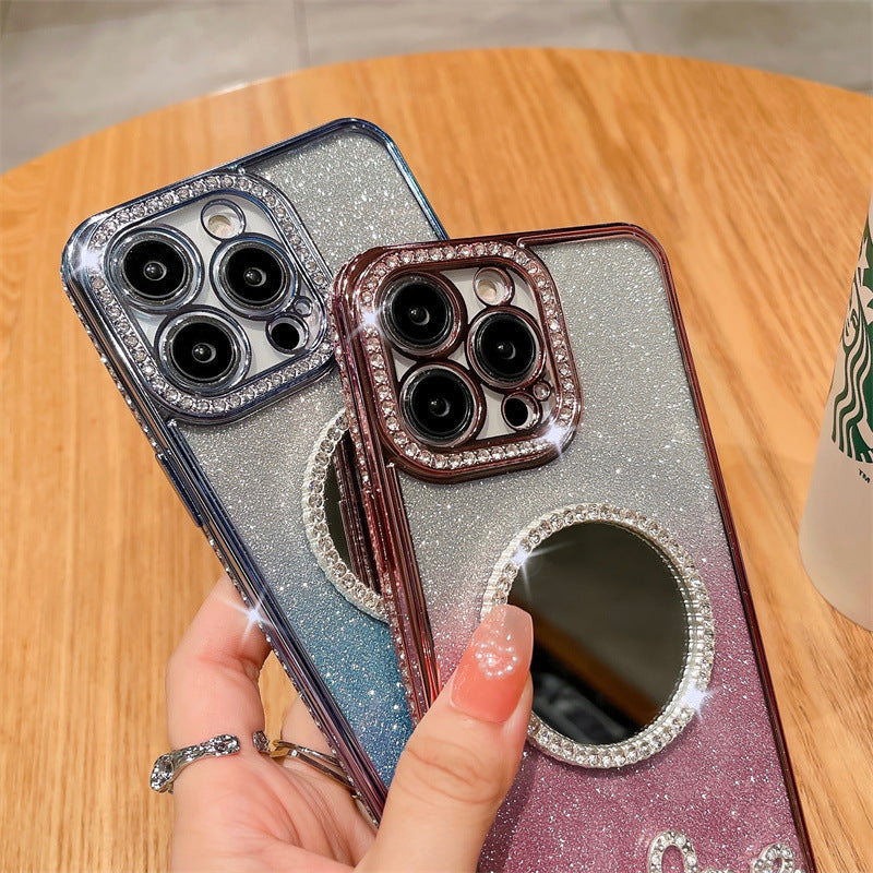 Espejo redondo con purpurina chapado en diamantes transparente compatible con funda para iPhone