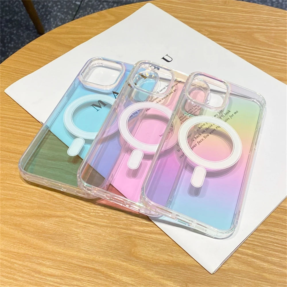 Arco iris transparente con degradado láser para carga inalámbrica magnética Magsafe compatible con funda para iPhone