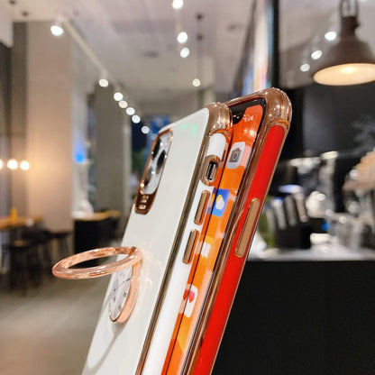 Mode Placage Horloge Anneau Support iPhone Cas Couverture Arrière Gris Orange Blanc