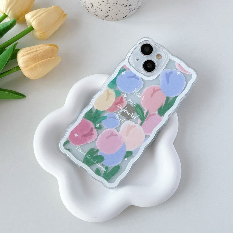 Cadre Vague Fleurs Colorées Silicone Transparent Compatible avec Coque iPhone