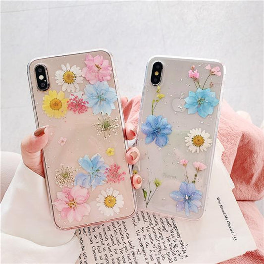 Coque iPhone souple transparente de vraies fleurs séchées colorées