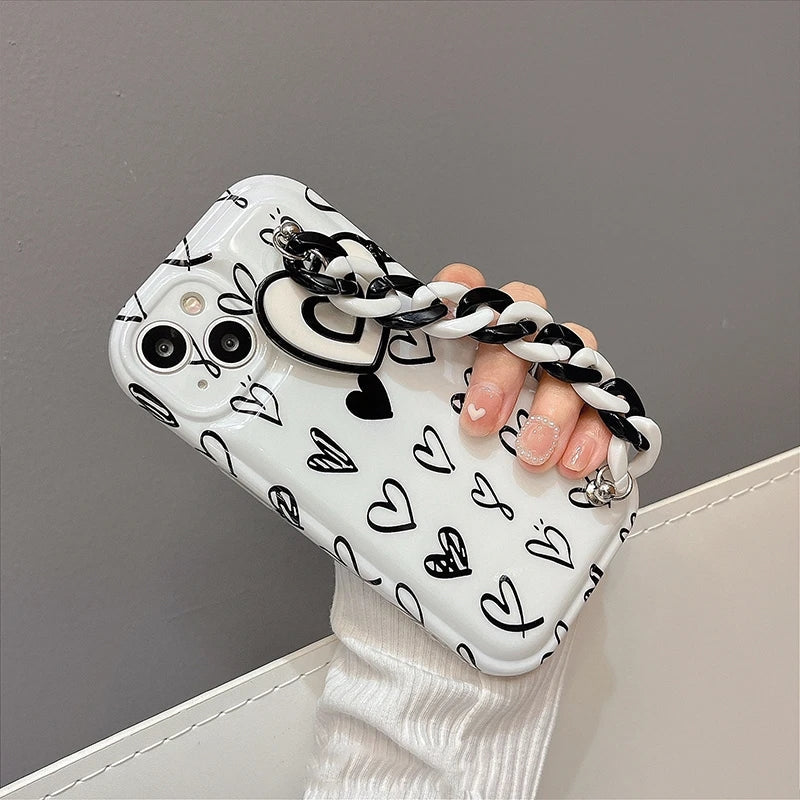 Graffiti Simple Love Heart Wrist Strap Chaîne Bracelet Doux Compatible avec iPhone Case
