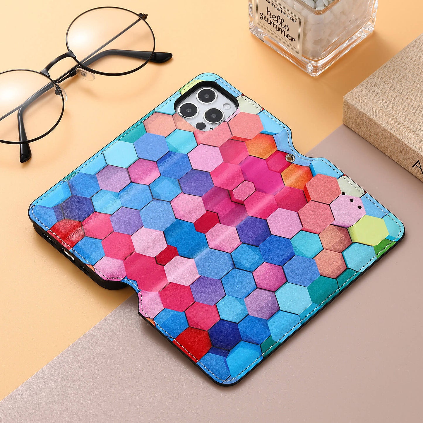 Colorful Rainbow Square Shape Magnetic Attraction Leather iPhone Case