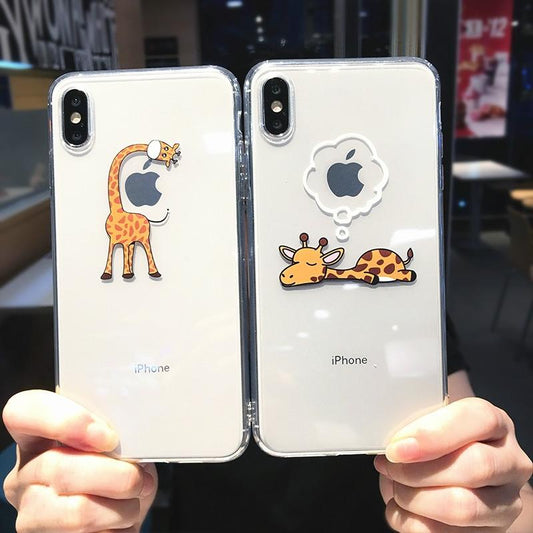 Coque et skin adhésive iPhone en TPU souple et transparent pour animaux de girafe de dessin animé mignon