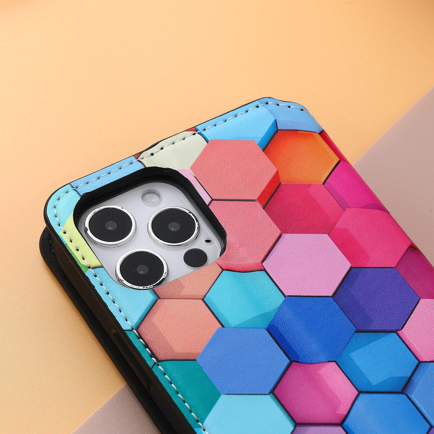 Funda de cuero para iPhone de atracción magnética de forma cuadrada de arco iris colorido