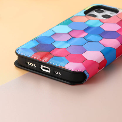 Coque pour iPhone en cuir d'attraction magnétique de forme carrée arc-en-ciel coloré