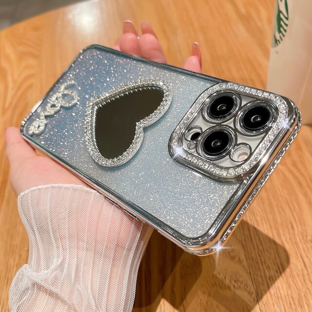 Glitter Love Heart Mirror Diamond Plating Clear Compatible con iPhone Case