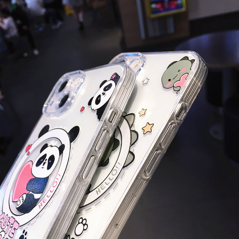 Lindo dinosaurio panda de dibujos animados para carga inalámbrica magnética Magsafe transparente compatible con iPhone Case