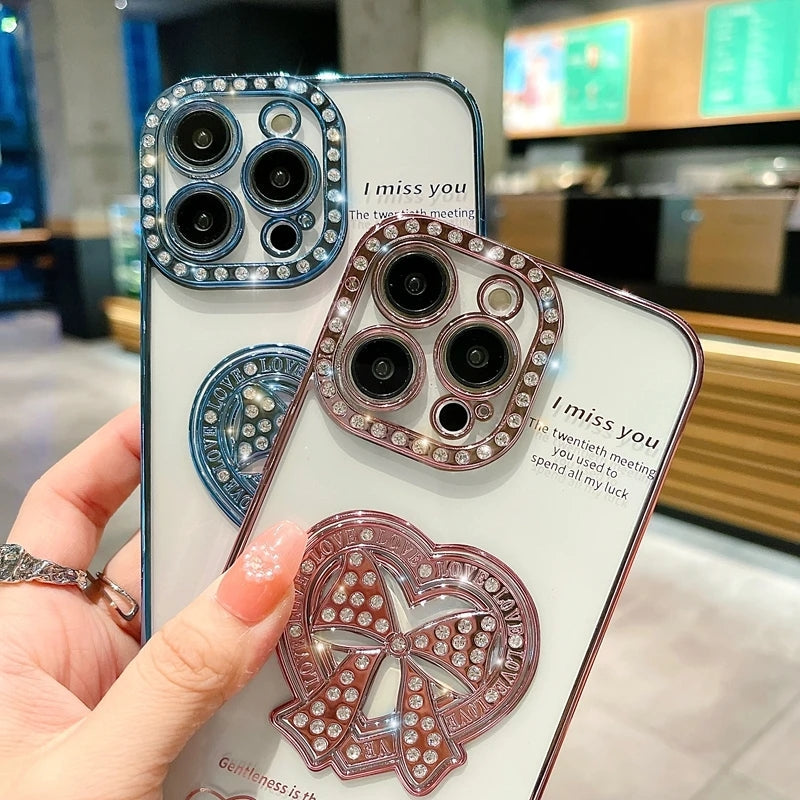 Placage de diamants de luxe Bowknot Love Heart Clear Compatible avec la coque iPhone