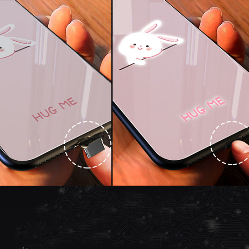 Cute Cartoon Rabbit Bear Incoming Call Light Up Temne Capered Glass iPhone Case