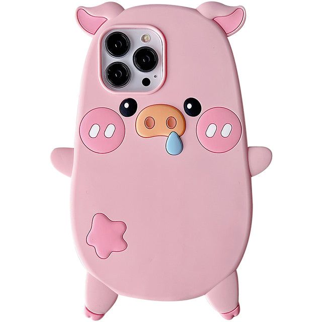 Vinilo o funda para iPhone de silicona de cerdo rosa negro divertido de dibujos animados en 3D