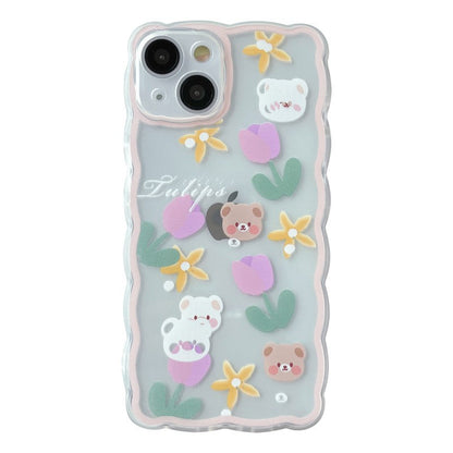 Oil Painting Flowers Cute Bear Clear Compatible with iPhone Case