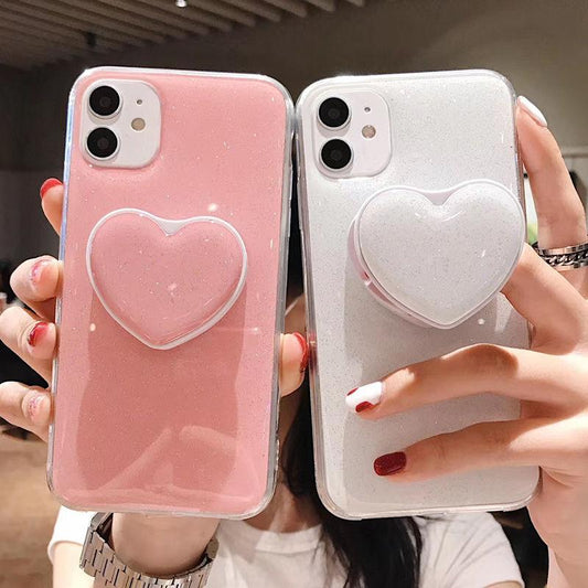 Étui pour iPhone en silicone souple avec support de support de couleur de bonbon de coeur d'amour de paillettes