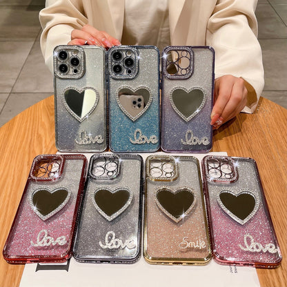 Glitter Love Heart Mirror Diamond Plating Transparent Compatible avec la coque iPhone