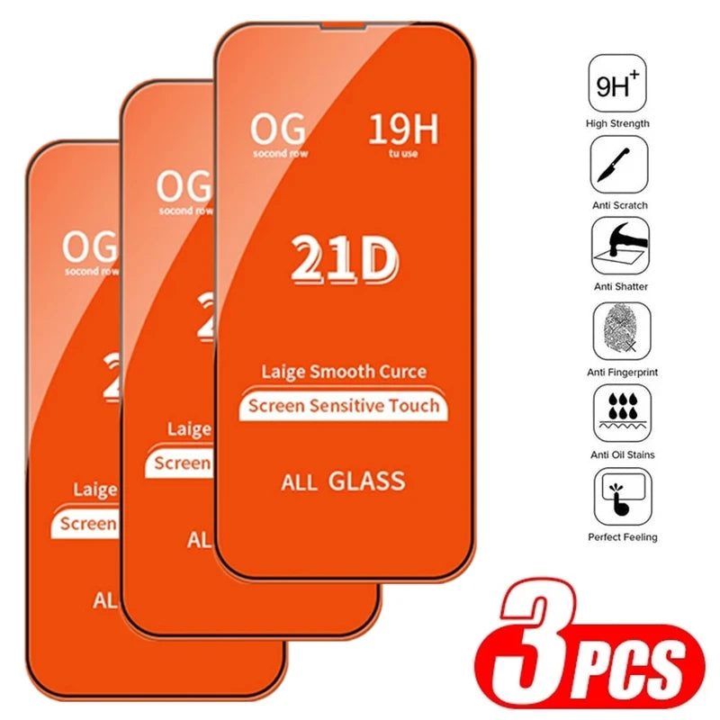 3PCS 21D Cubierta completa de vidrio templado compatible con protectores de pantalla para iPhone 