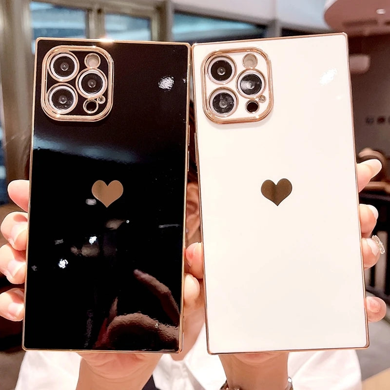 Coeur d'amour plaqué carré de luxe compatible avec la coque iPhone