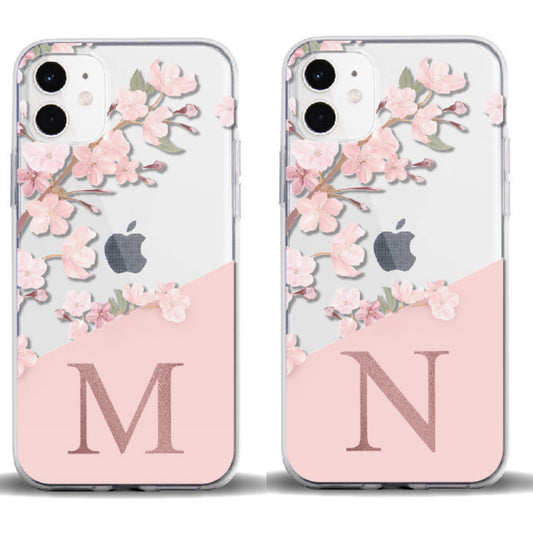 Funda personalizada para iPhone de TPU suave con alfabeto de flor de cerezo MNOPQR