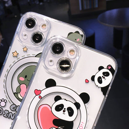 Dinosaure mignon de panda de bande dessinée pour le remplissage magnétique sans fil de Magsafe clair compatible avec le cas d'iPhone
