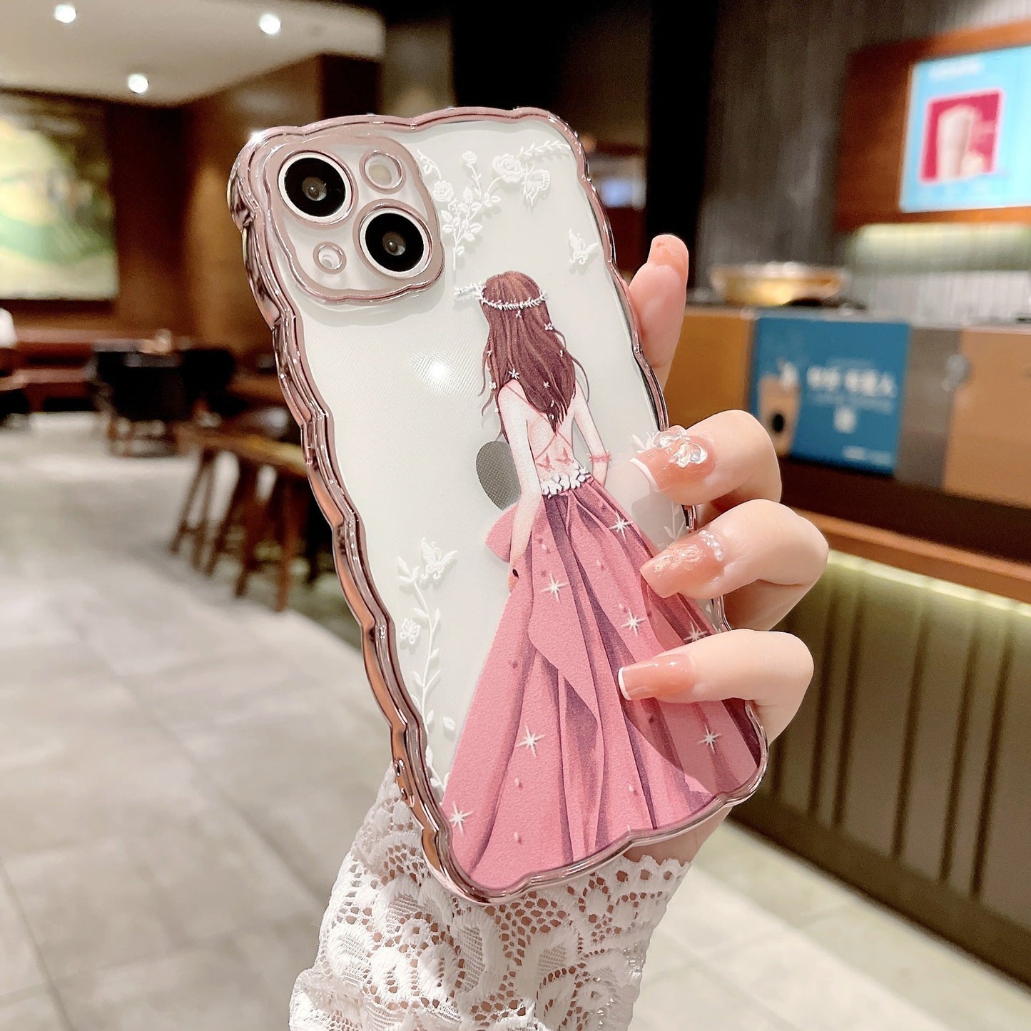 Electroplate Wave Frame Beautiful Girl Clear Compatible with iPhone Case