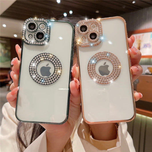 Luxury Plating Shining Rhinestone Logo View Soft Shockproof Clear Compatible with iPhone Case