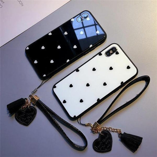 Polka Dot Love Heart Tempered Glass with Pendant  iPhone Case