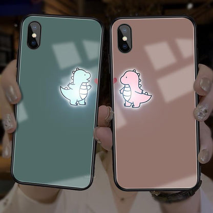 Cartoon Couples Dinosaur Light Up Remind Incoming Call Tempered Glass iPhone Case