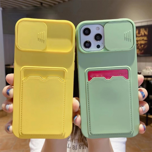 Candy Color Slide Lens Camera Protection Card Holder Coque souple pour iPhone