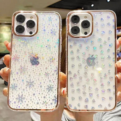 Electroplating Edge Laser Gradient Creative Snowflake Diamond Transparent Clear iPhone Case Cover