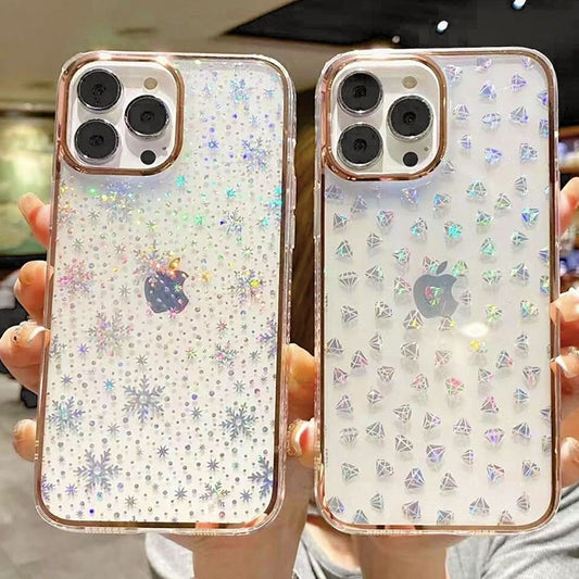 Electroplating Edge Laser Gradient Creative Snowflake Diamond Transparent Clear iPhone Case Cover