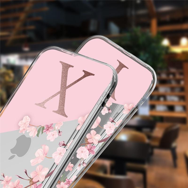 Coque iPhone en TPU souple avec alphabet MNOPQR Fleur de cerisier personnalisée