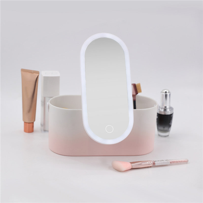 Caja organizadora de maquillaje con espejo de luz LED, organizador de cosméticos de viaje portátil, estuche de maquillaje de almacenamiento de luz táctil