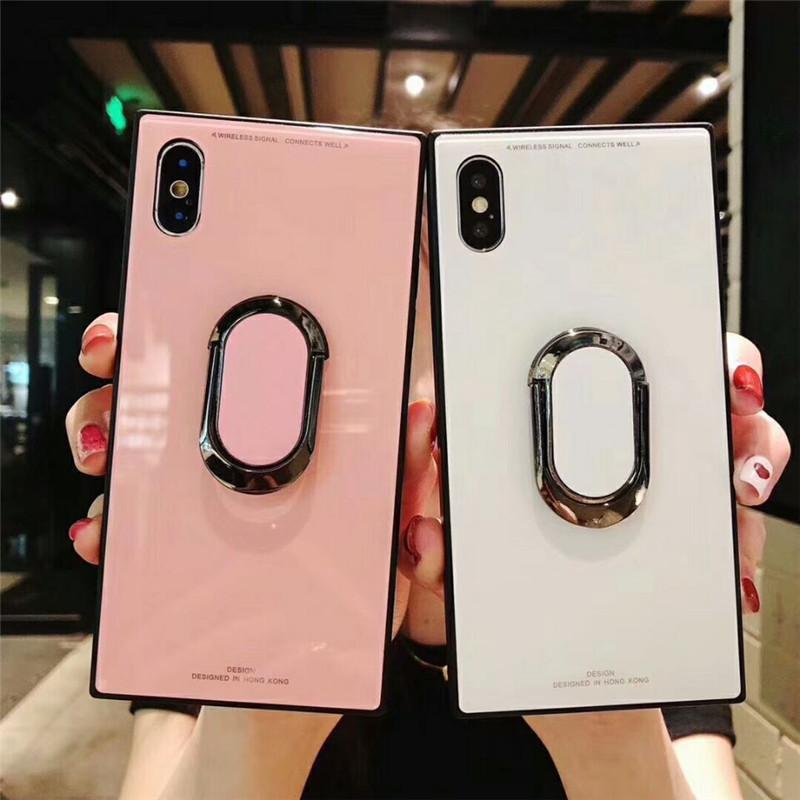 Solid Color Square Tempered Glass Metal Ring Stand Holder iPhone Case