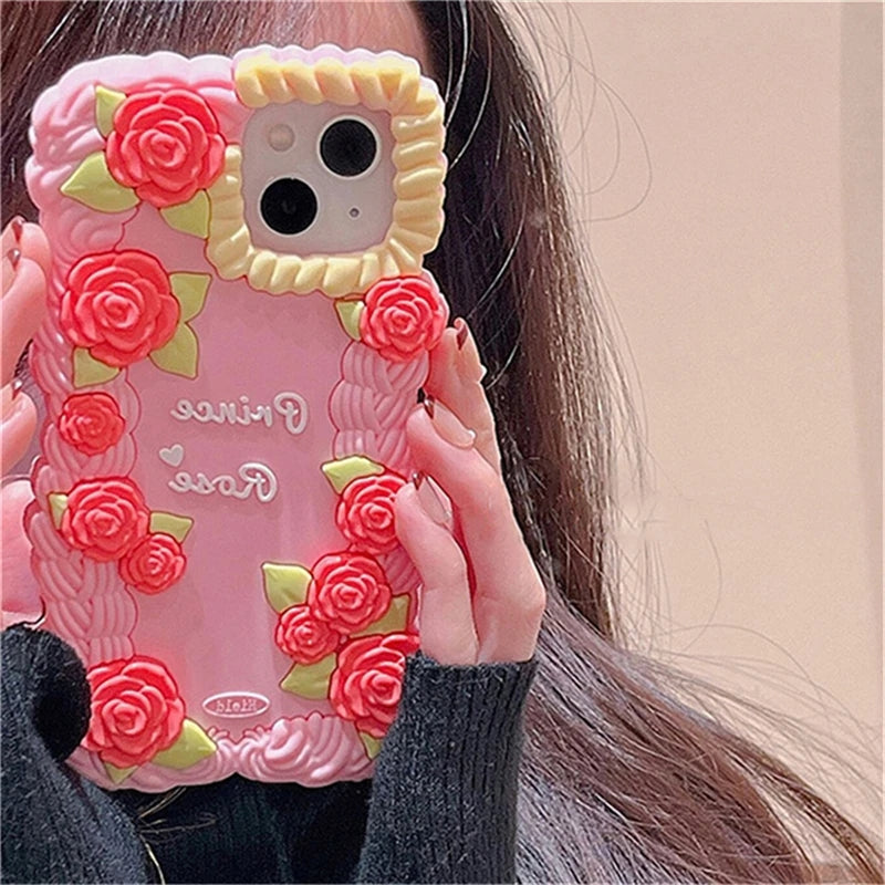 Silicone mignon de fleur de rose 3D compatible avec le cas d'iPhone