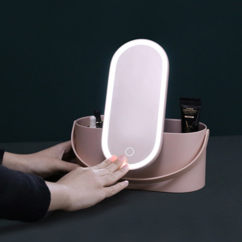 Caja organizadora de maquillaje con espejo de luz LED, organizador de cosméticos de viaje portátil, estuche de maquillaje de almacenamiento de luz táctil