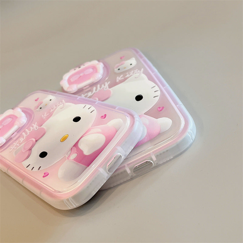 Coque iPhone transparente chat 3D rose créatif avec miroir de maquillage