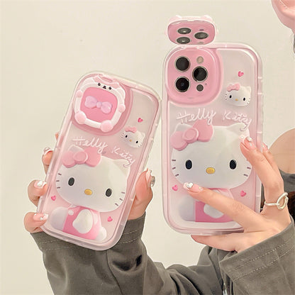 Coque iPhone transparente chat 3D rose créatif avec miroir de maquillage