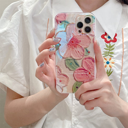 Brillo Diamante Pintura al óleo Flor rosa Compatible con iPhone Case