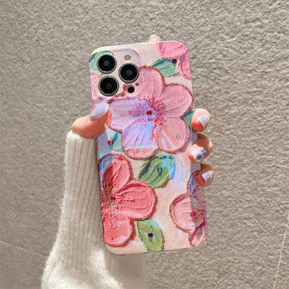 Brillo Diamante Pintura al óleo Flor rosa Compatible con iPhone Case