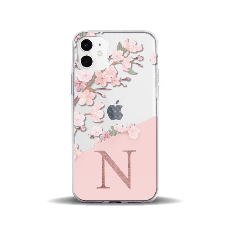 Coque iPhone en TPU souple avec alphabet MNOPQR Fleur de cerisier personnalisée