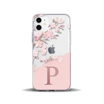 Funda personalizada para iPhone de TPU suave con alfabeto de flor de cerezo MNOPQR