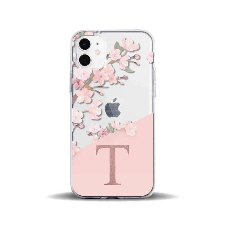 Coque iPhone en TPU souple Alphabet STUVWX fleur de cerisier personnalisée